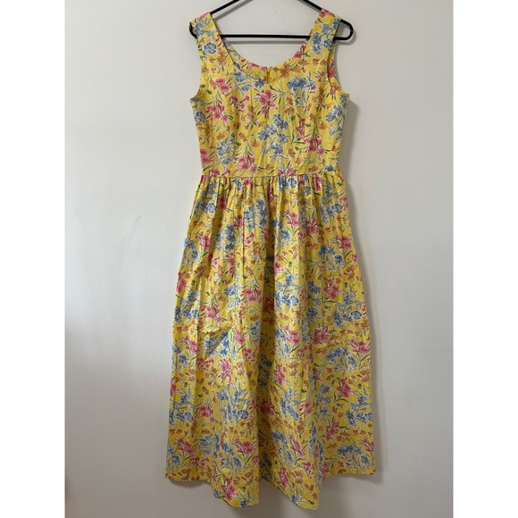 Laura Ashley Dresses & Skirts - Vintage Laura Ashley Yellow Floral Cotton Midi Dress Tank Gathered Waist Sz 8